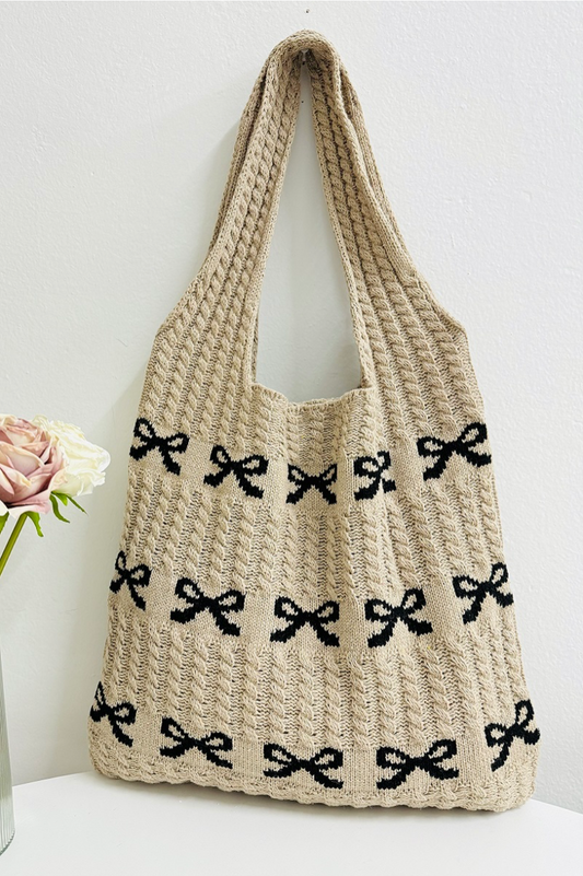 Ribbon Bow Pattern Knitted Woven Crochet Tote