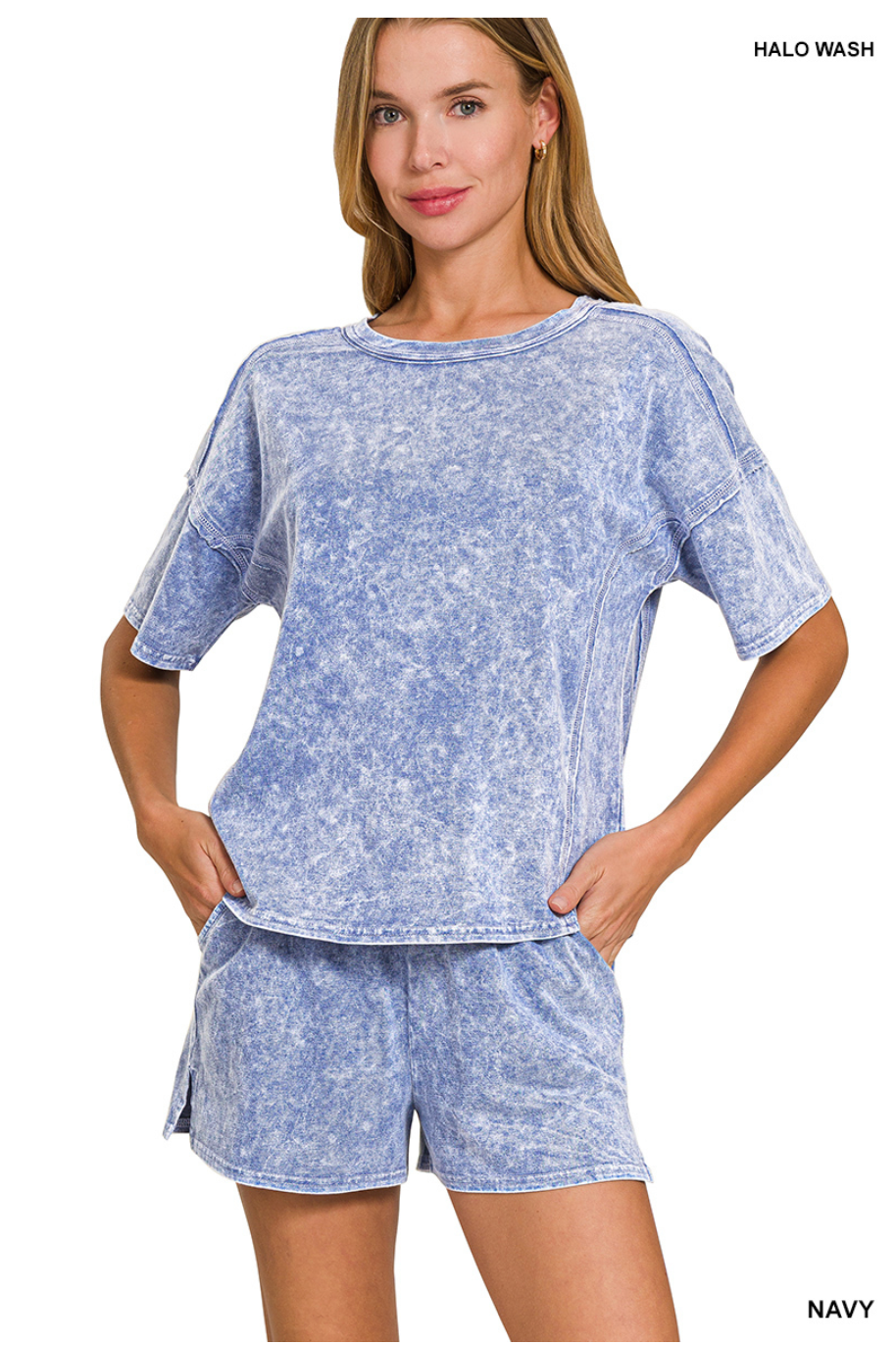 Navy Halo Wash Shorts + Shirt Set