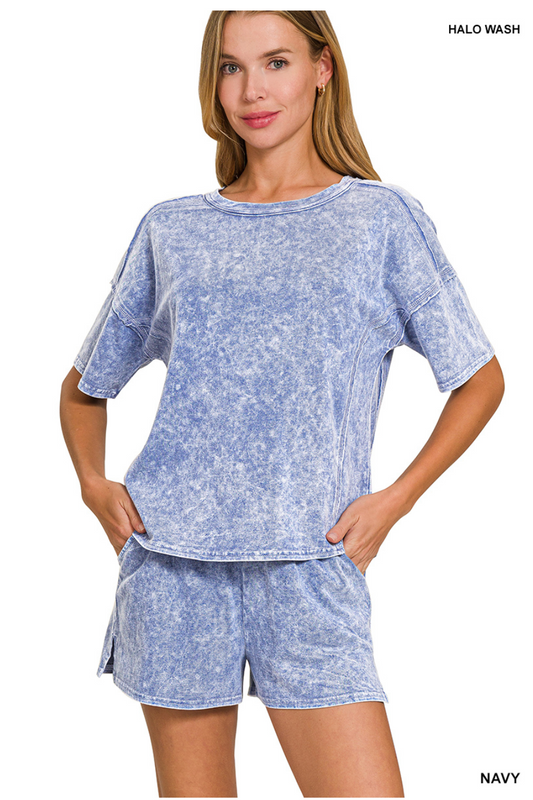 Navy Halo Wash Shorts + Shirt Set