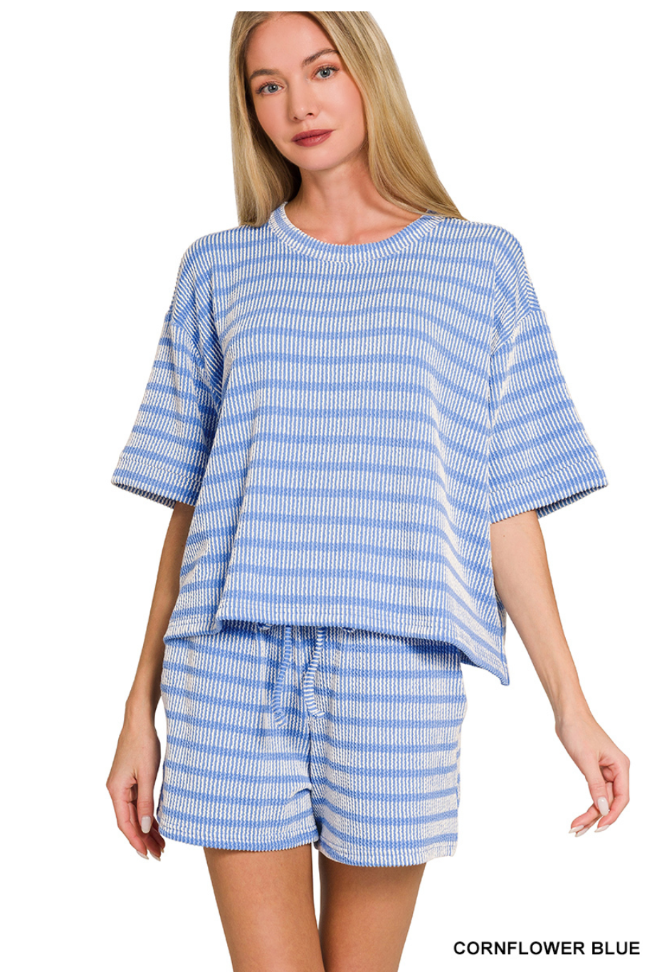 Cornflower Blue Striped Ribbed Shorts + Shirt Set