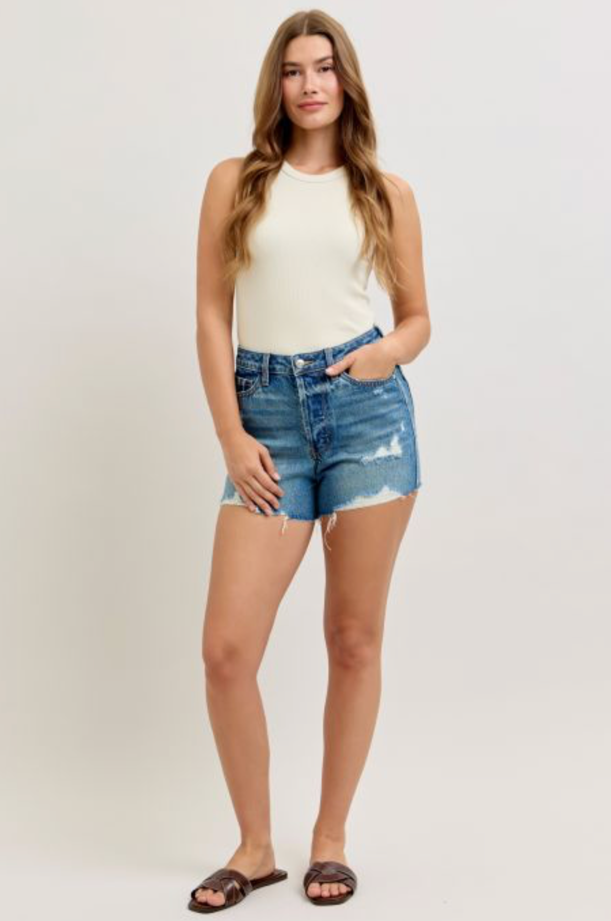 Judy Blue - High Waist Med Wash Cut Off Shorts