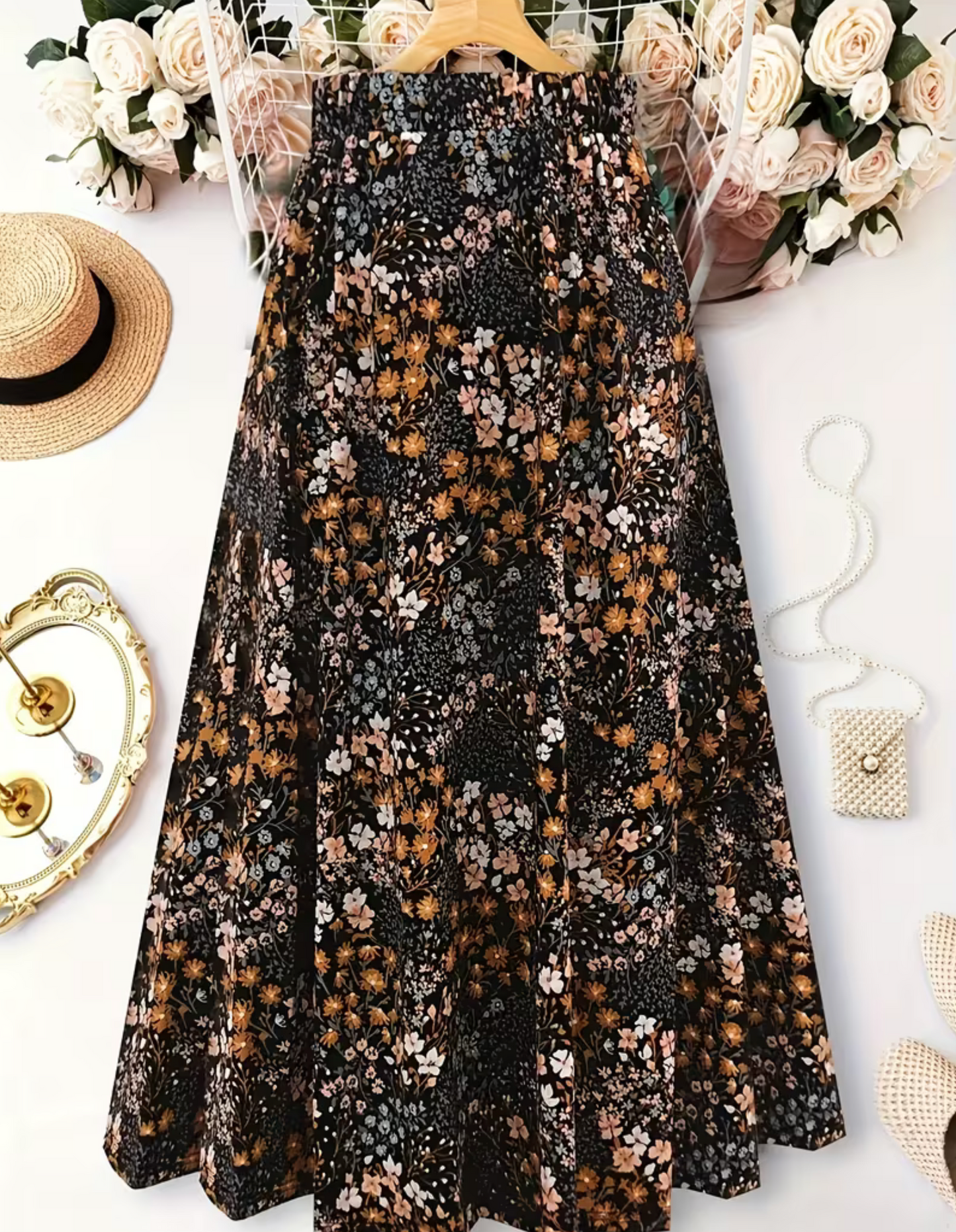 Black Floral Midi Skirt