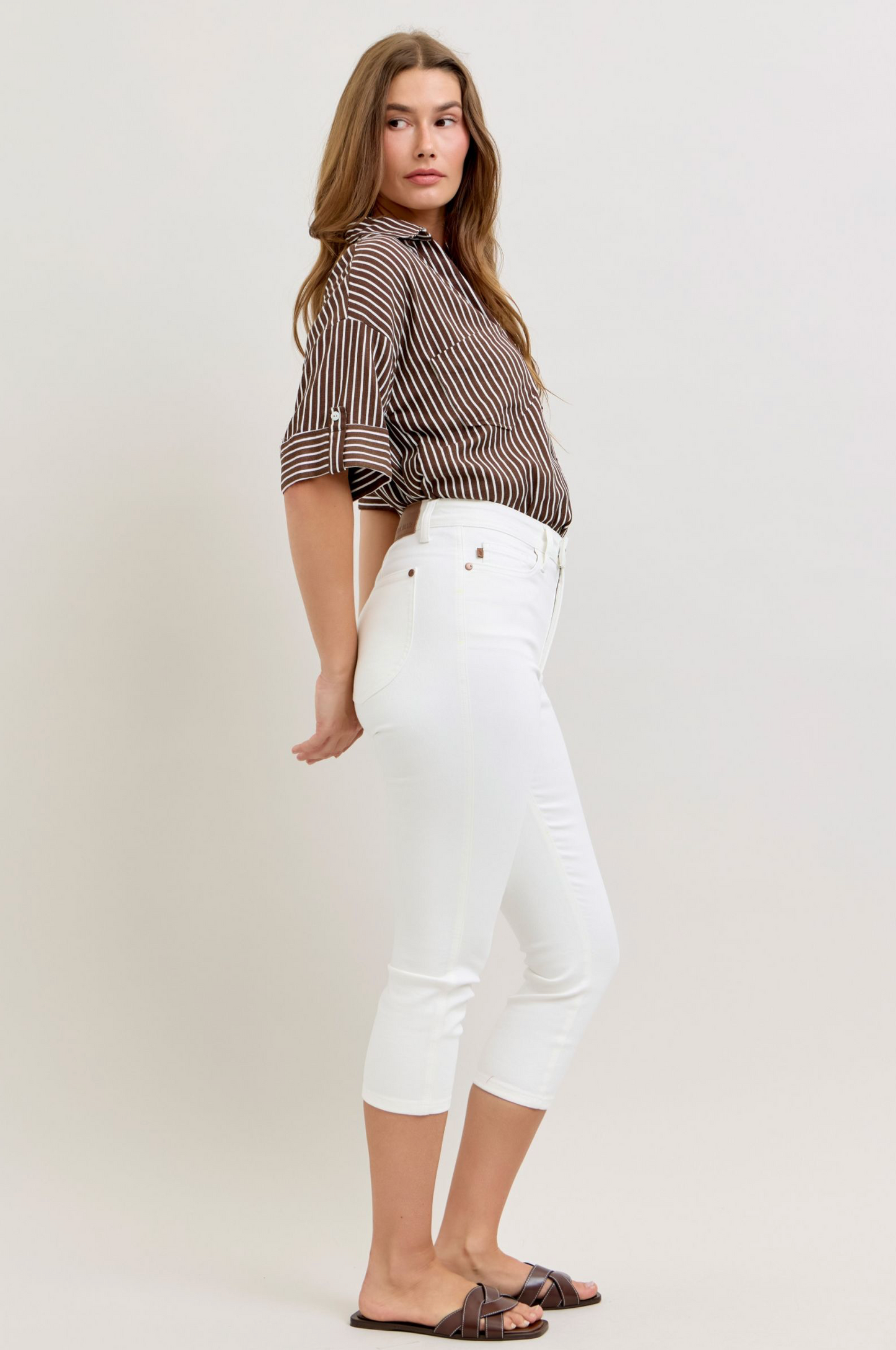 Judy Blue - High Waist Tummy Control White Capri with Expandable Waistband