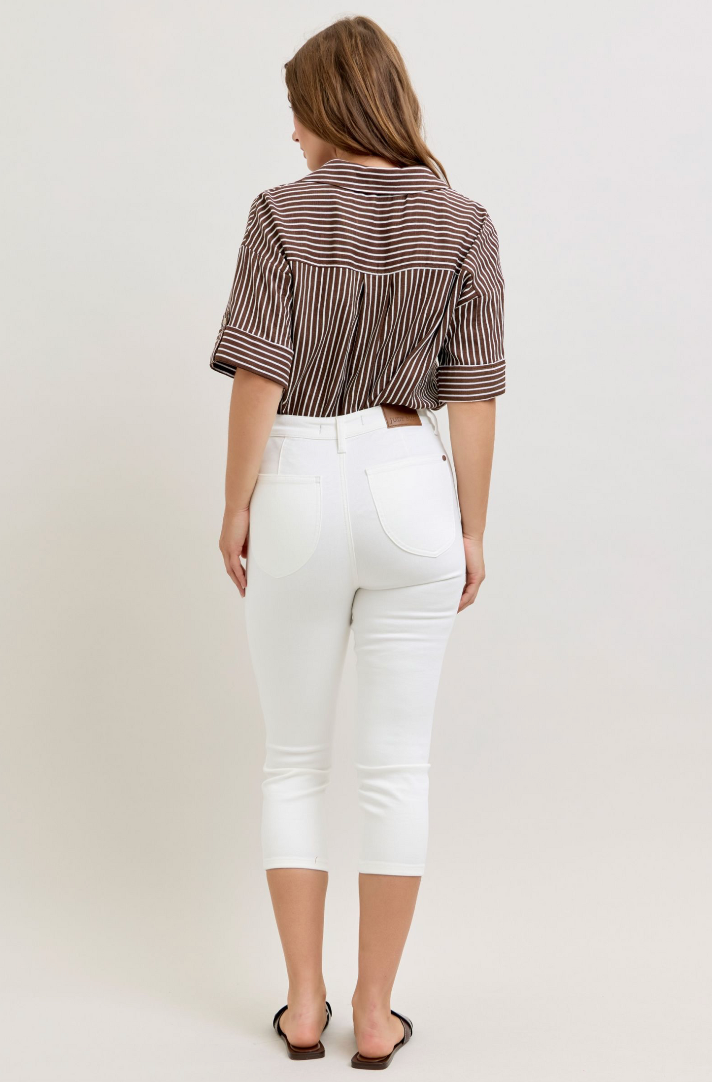 Judy Blue - High Waist Tummy Control White Capri with Expandable Waistband