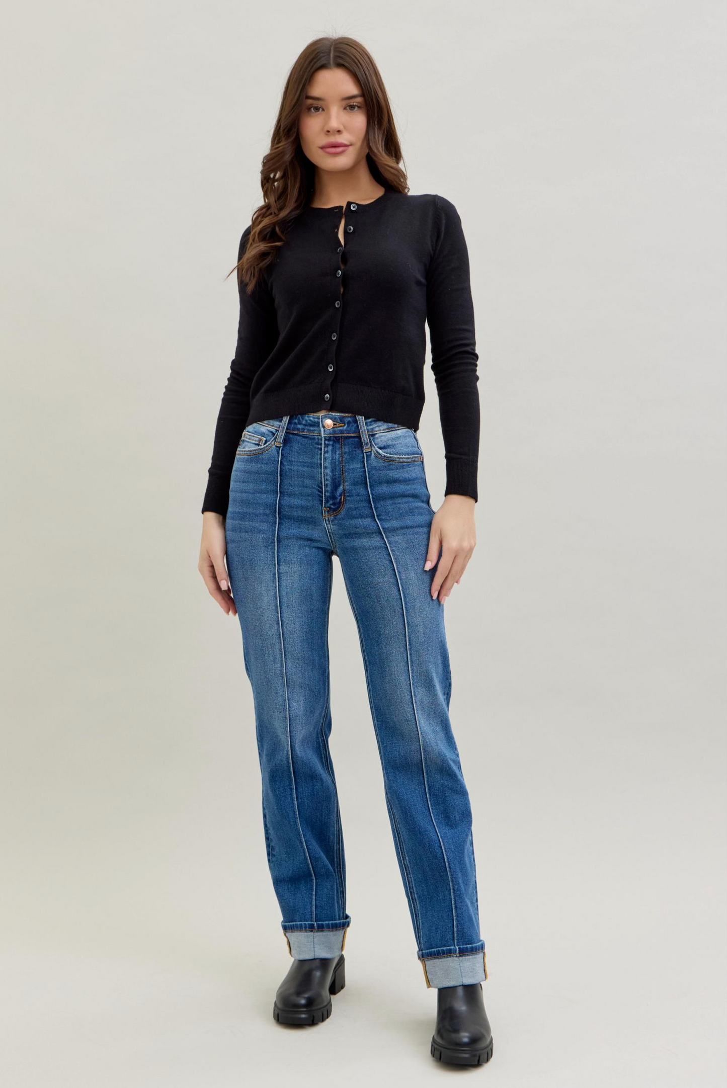 Judy Blue - High Waist Front Seam Cuffed Straight Leg