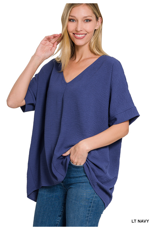 Navy Woven V-neck Dolman Top