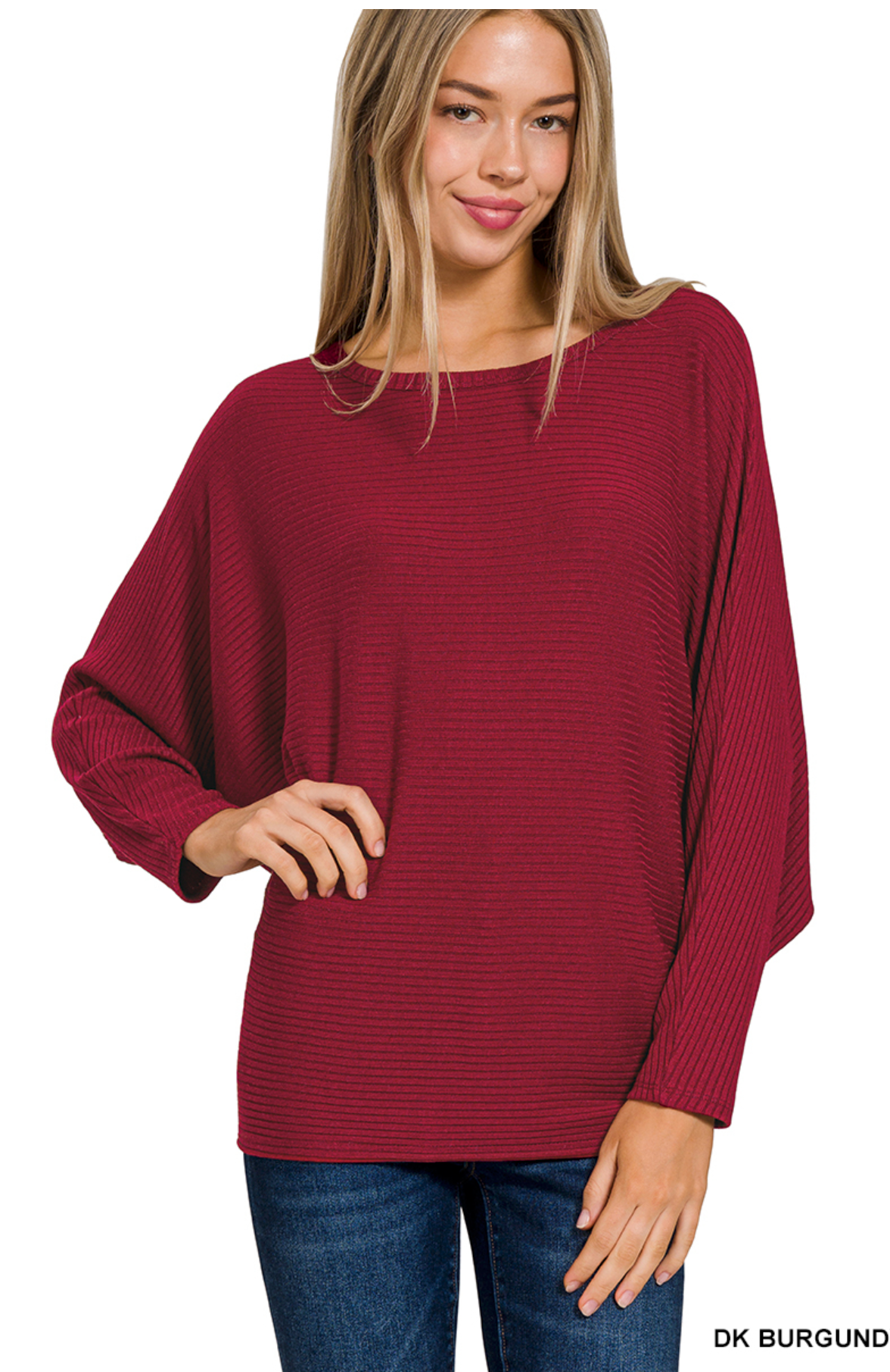 Burgundy Ribbed Batwing Boat Neck Sweater