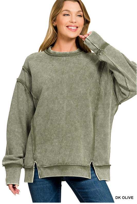 Olive Acid Washed Ribbed Exposed Seam