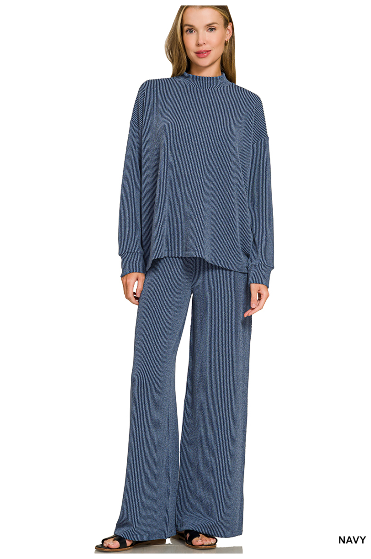 Navy Ribbed Mock Neck Lounge Set