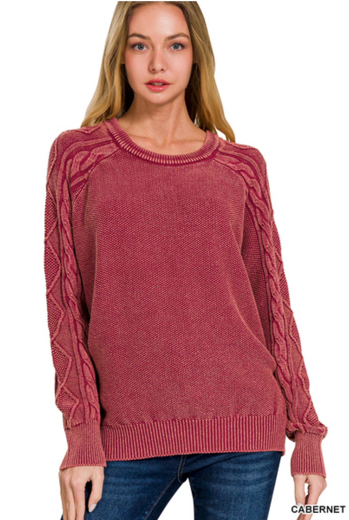 Cabernet Stone Washed Cable Sleeve Sweater