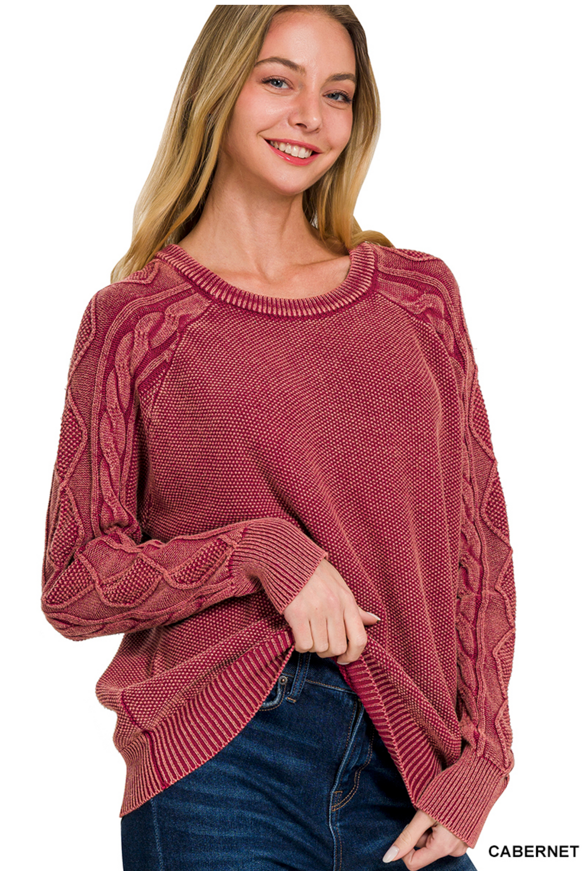 Cabernet Stone Washed Cable Sleeve Sweater