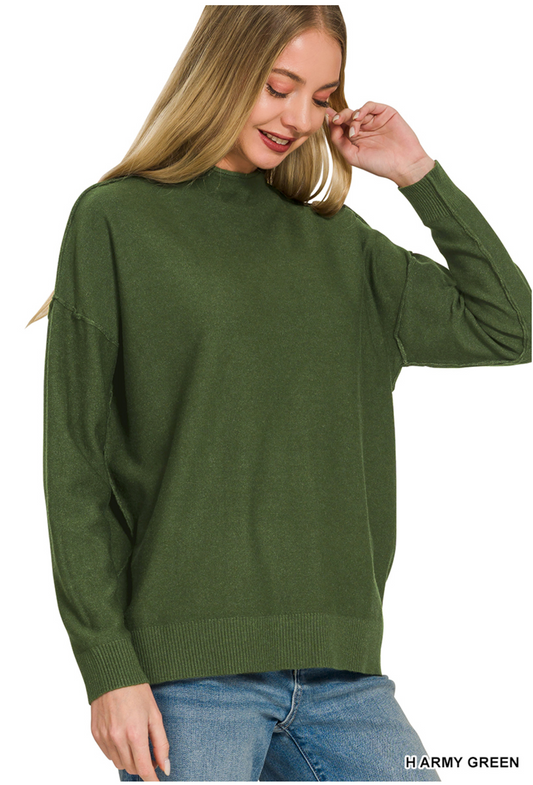 Army Green Mock Neck Exposed Seam Sweater