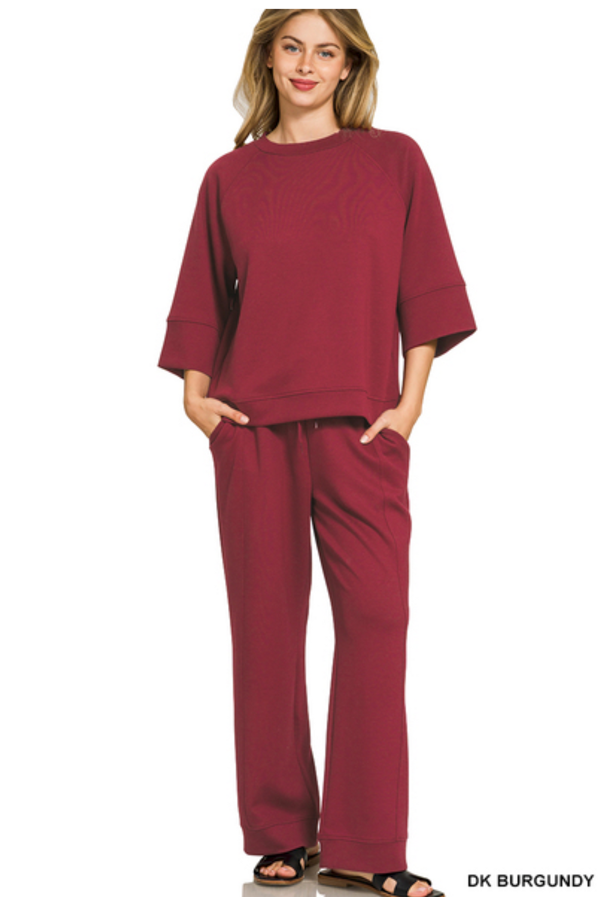 Burgundy 3/4 Sleeve Scuba Pullover + Pants Set
