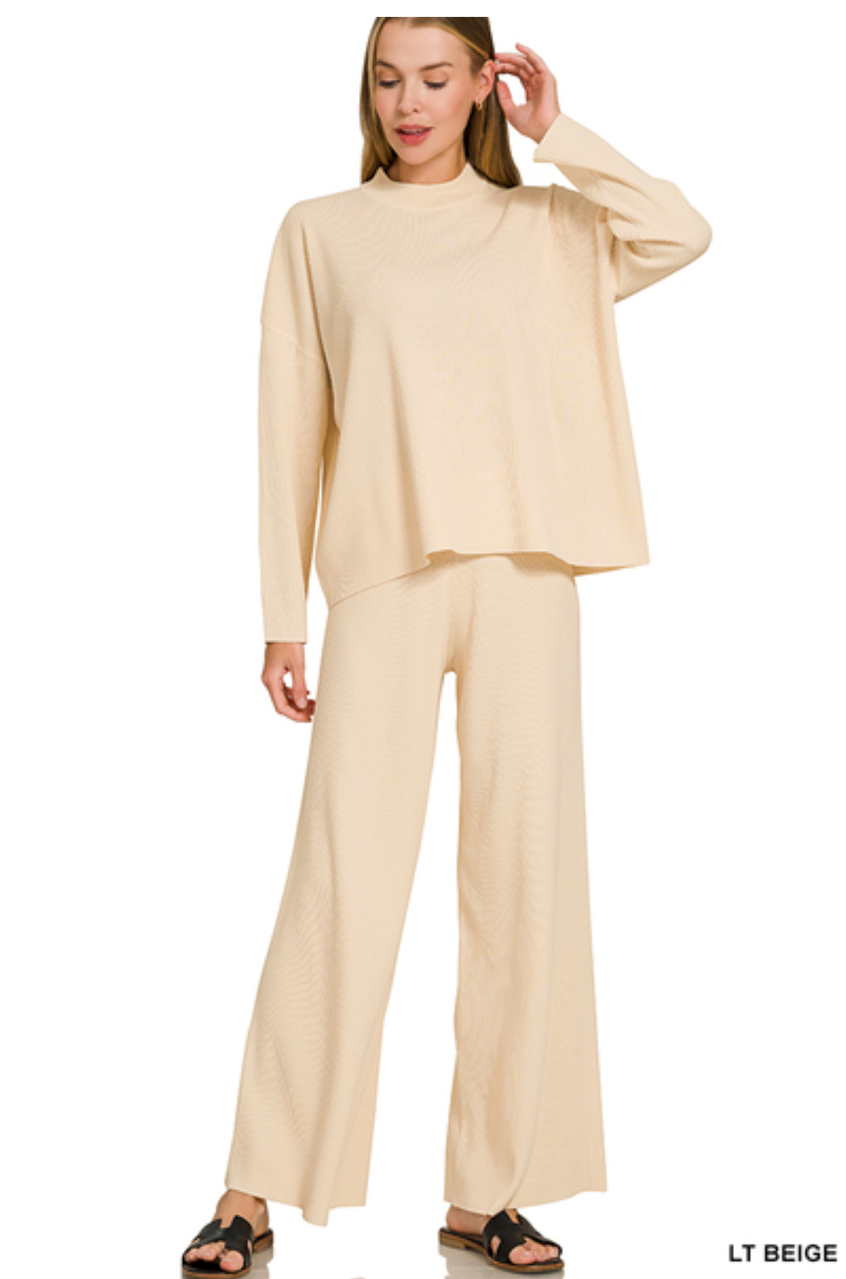 Beige Ultra Soft Mock Neck Sweater Top + Pants Set