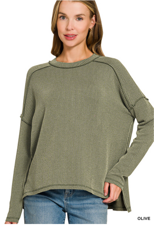 Olive Raised Ribbed Boat Neck Top