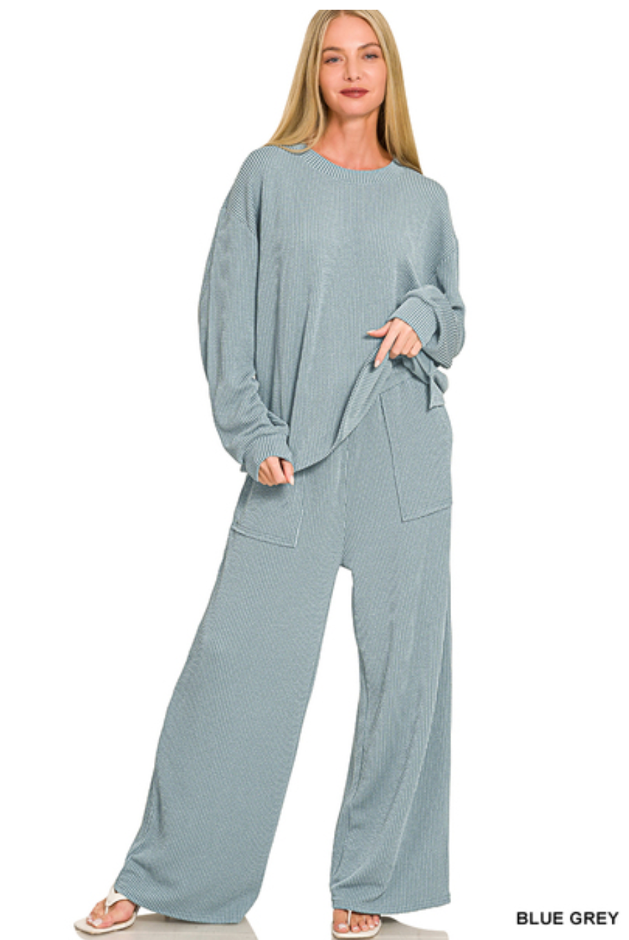 Blue Grey Ribbed Mock Neck Lounge Set
