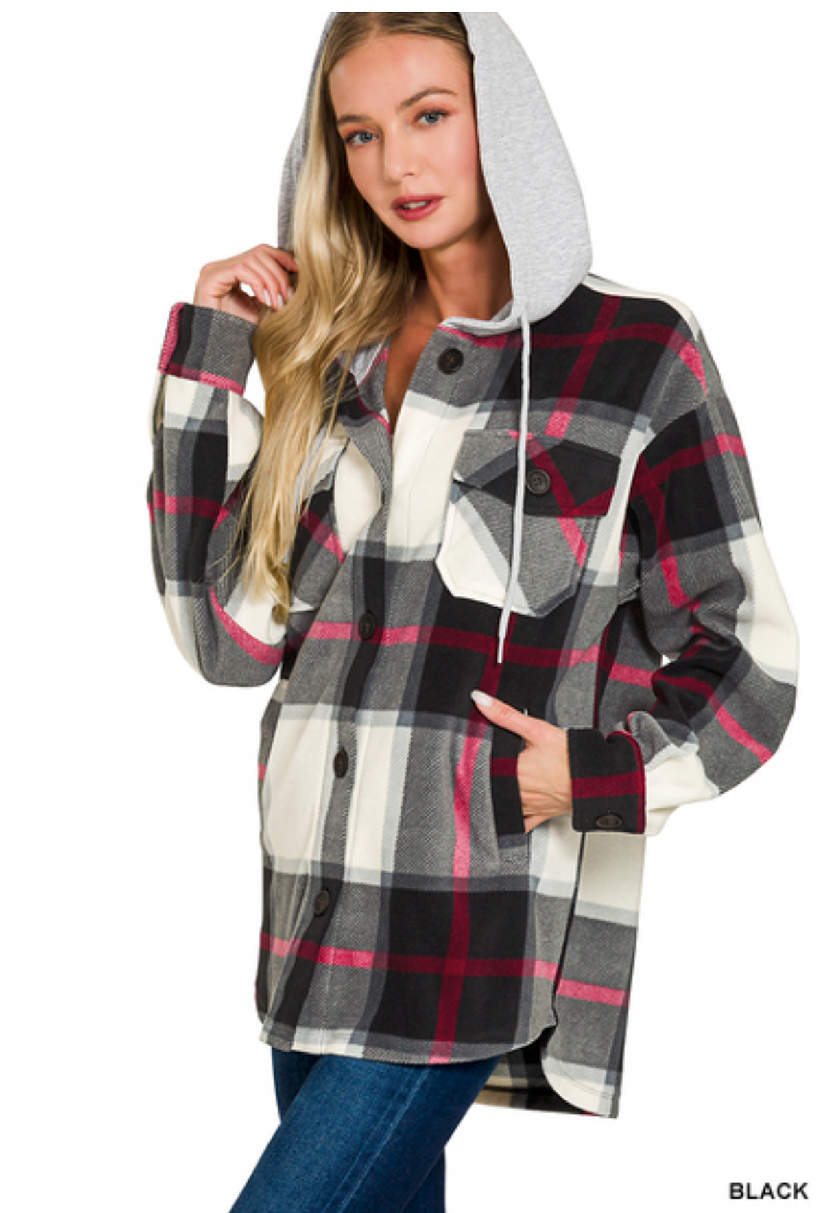 Black + Red Drawstring Fleece Jacket