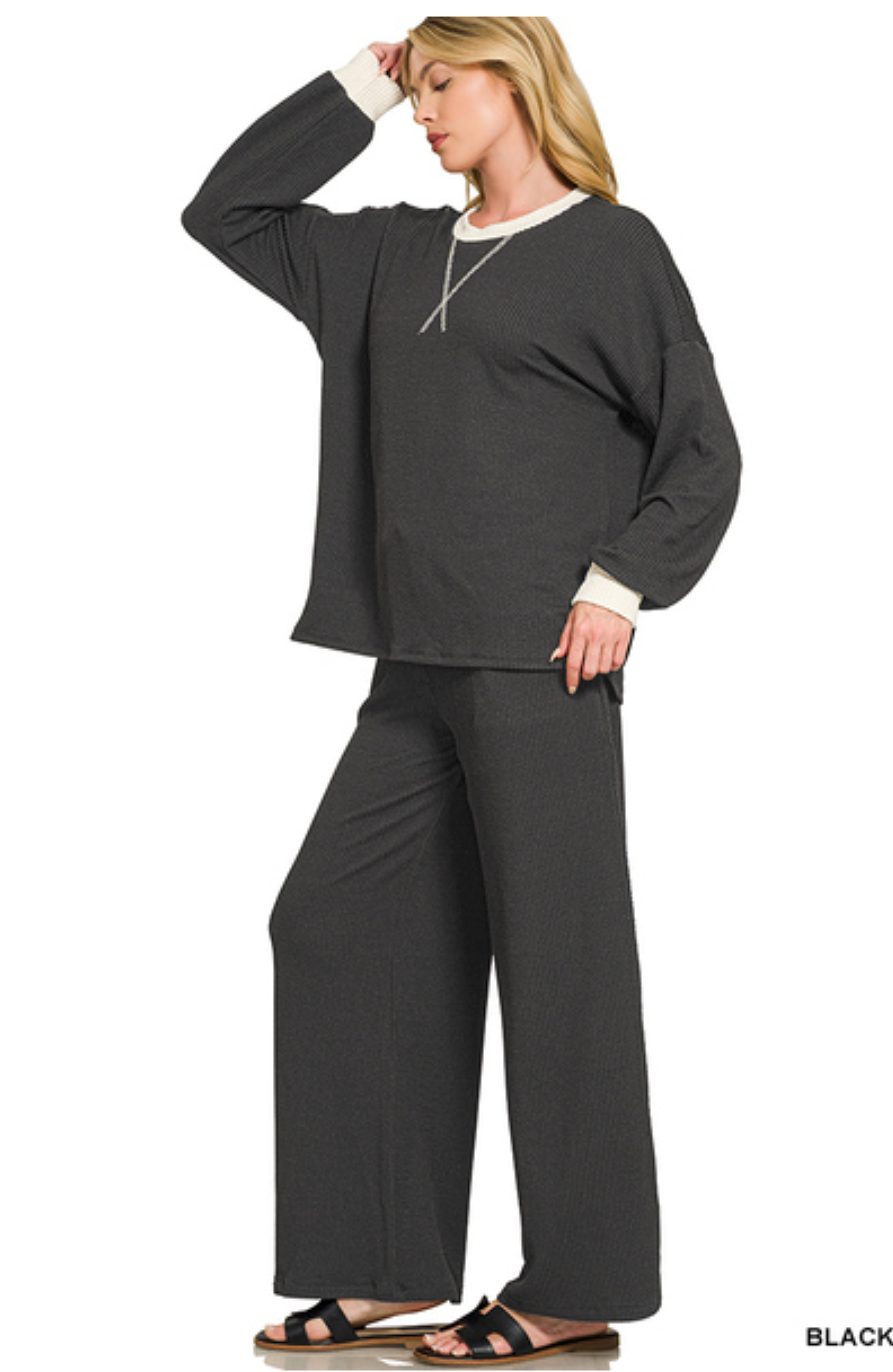 Black Contrast Raised Ribbed Top + Pants Set