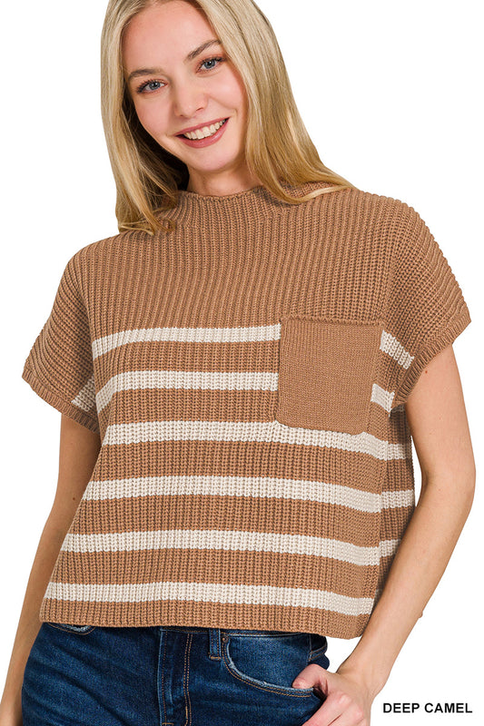 Deep Camel Short Sleeve Striped Sweater