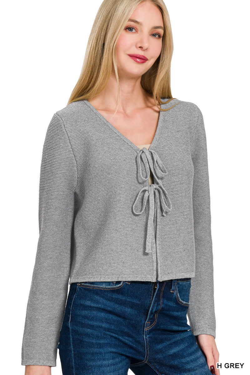 Grey Front Tie Bow Cardigan Sweater