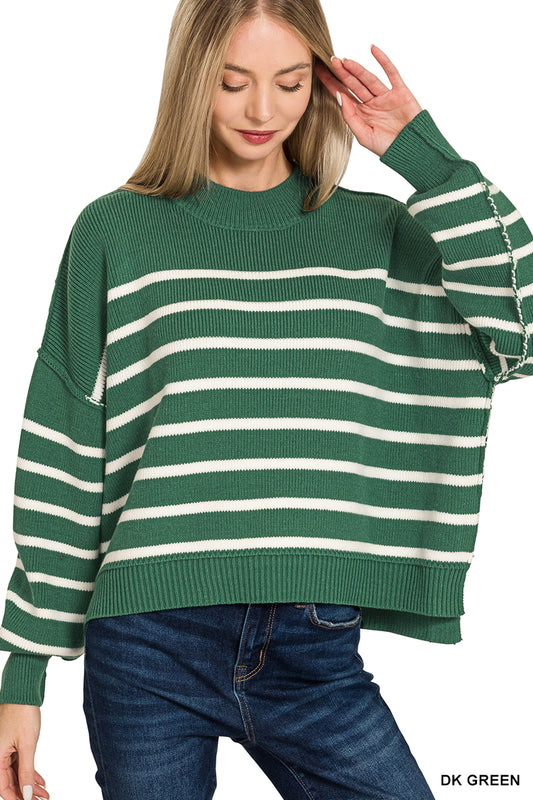 Dark Green Exposed Seam Striped Oversized Sweater