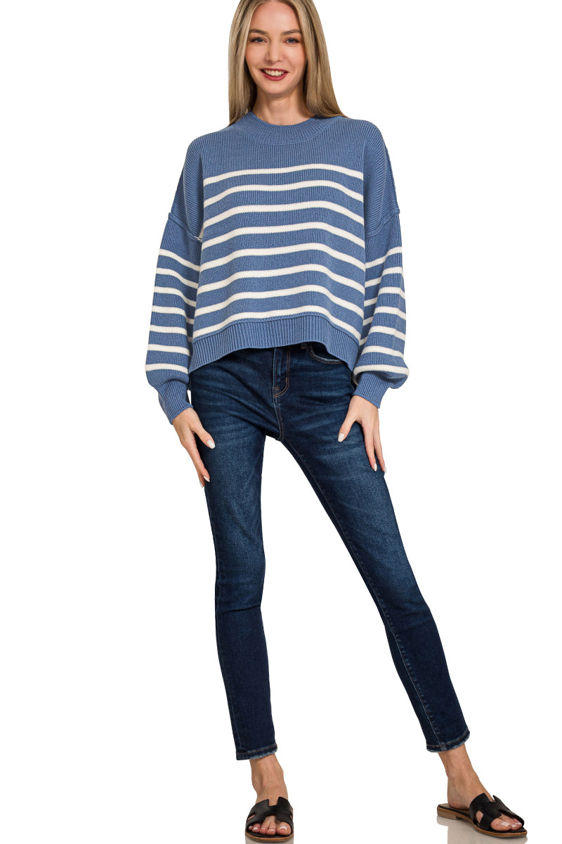 Dusty Blue Exposed Seam Striped Oversized Sweater
