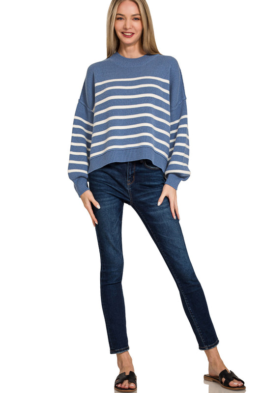 Dusty Blue Exposed Seam Striped Oversized Sweater