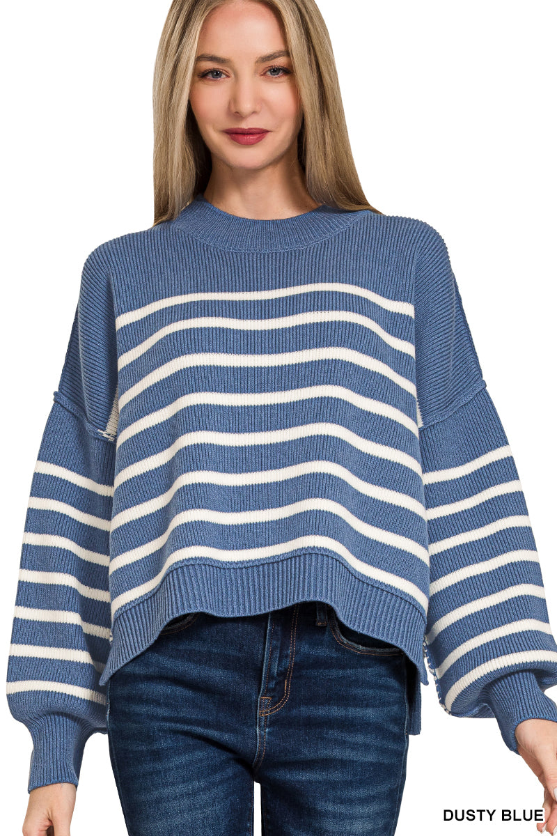 Dusty Blue Exposed Seam Striped Oversized Sweater