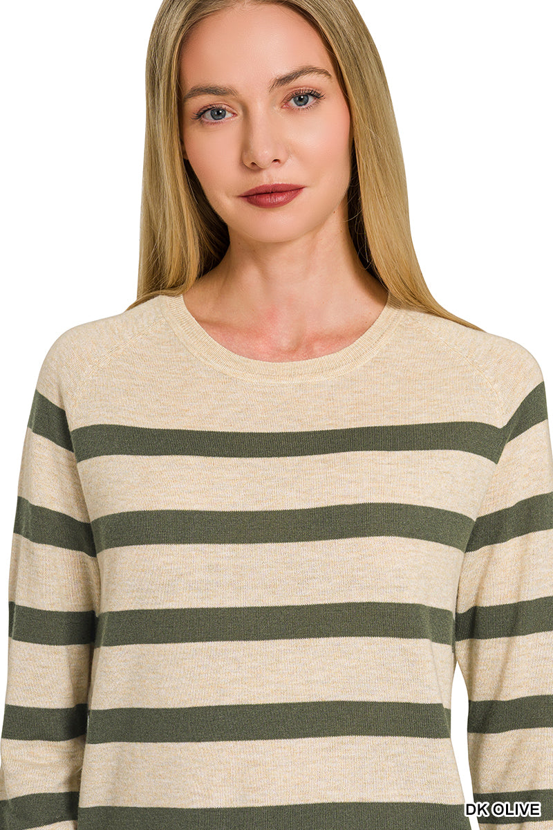 Olive Oversized Lightweight Striped Wool Sweater