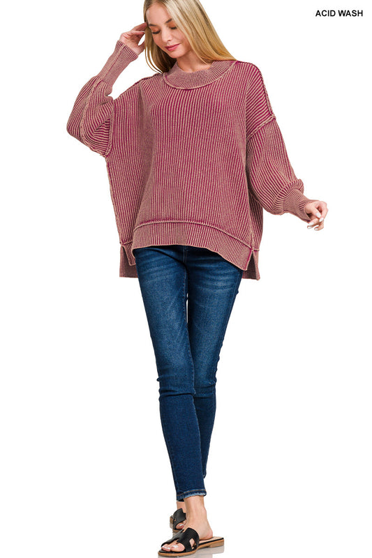 CABERNET WASHED SIDE SLIT OVERSIZED SWEATER