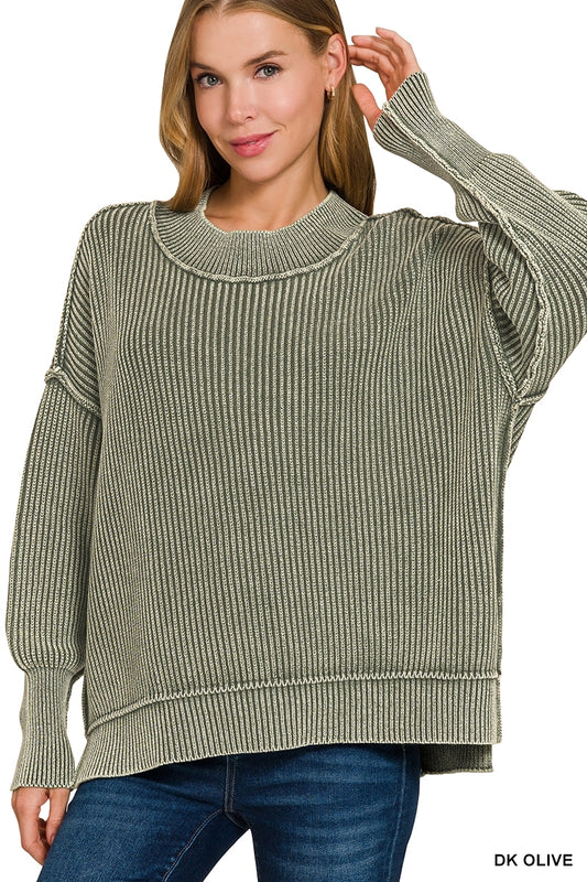 DARK OLIVE WASHED SIDE SLIT OVERSIZED SWEATER