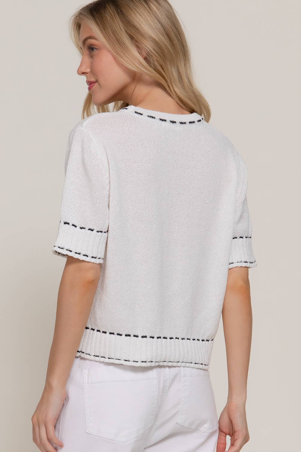White/Black Contrast Stitch Short Sleeve Sweater