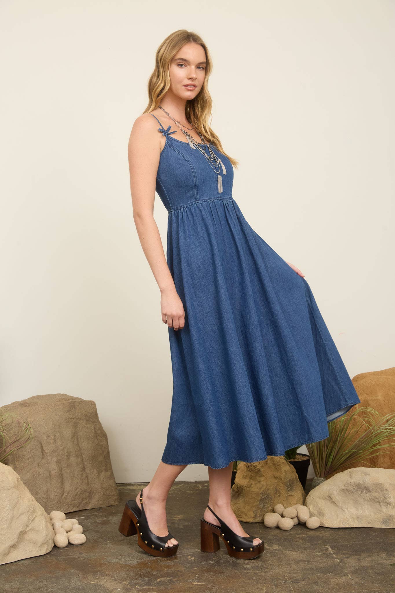 Denim Spaghetti Strap Dress with Bow Detal