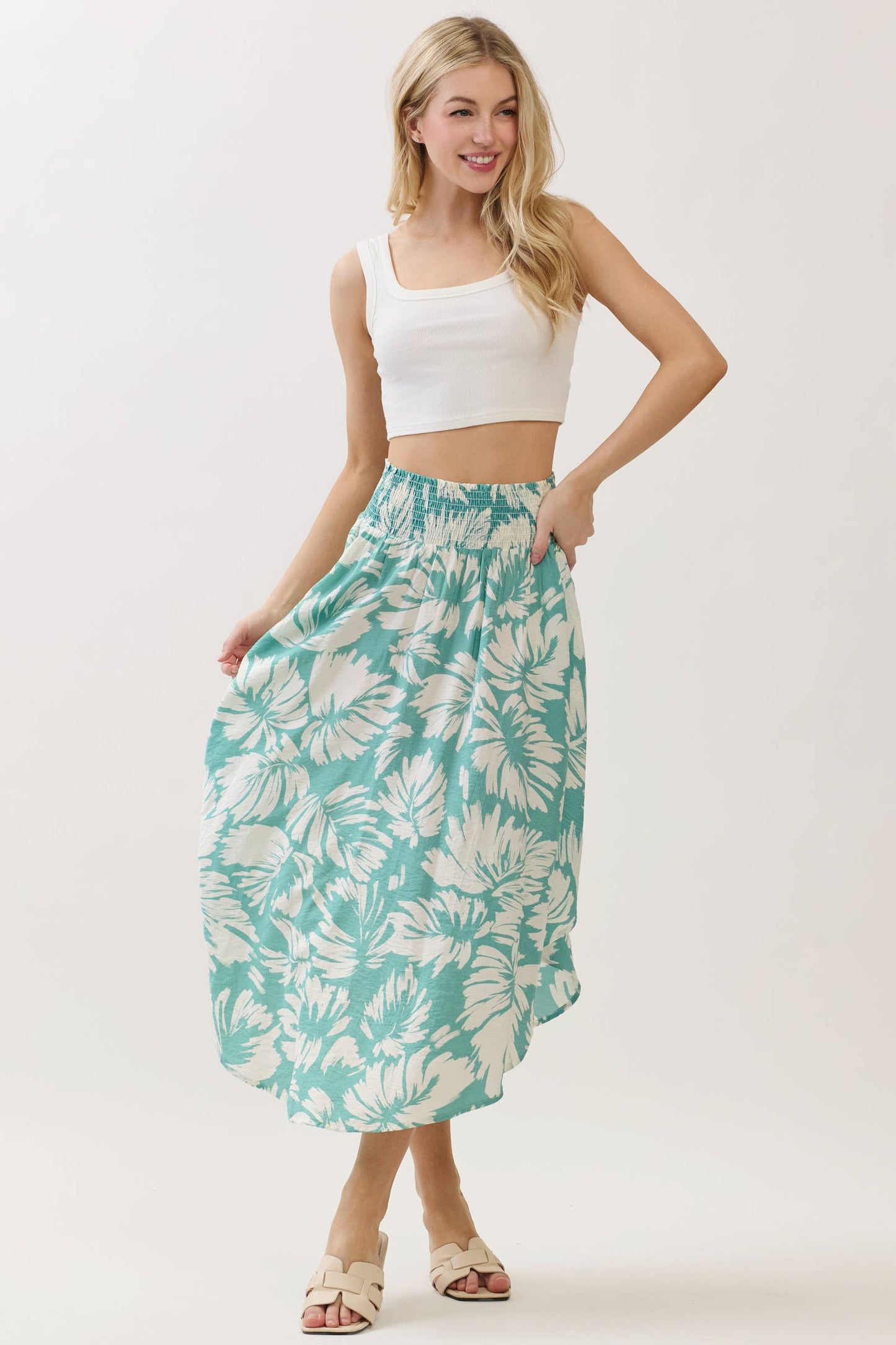 Sage Green Floral Waist Smocked Round Bottom Midi Skirt
