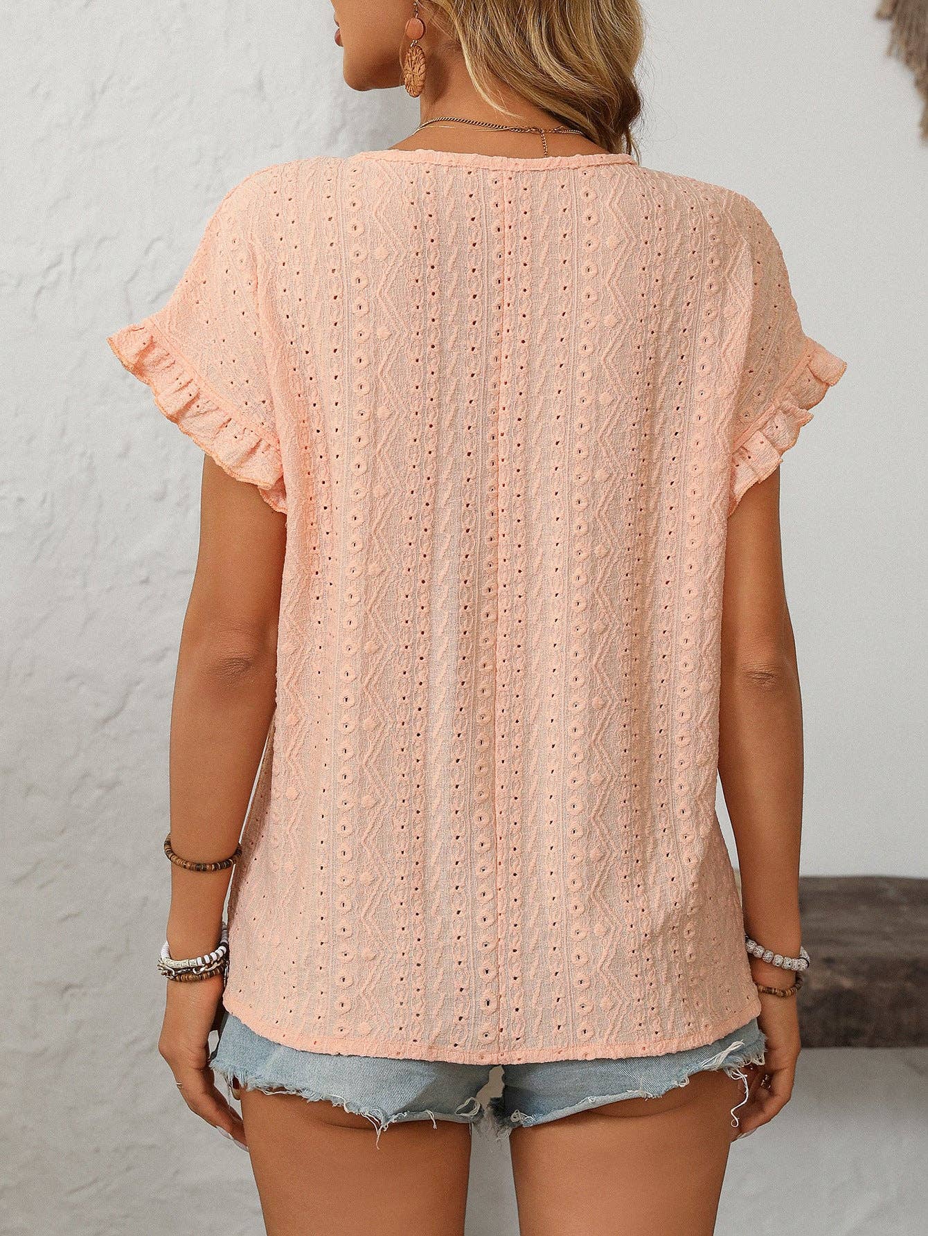 Coral Crew Neck Ruffle Sleeve Top