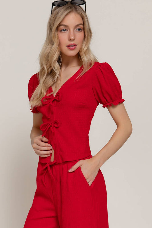 Red V-Neck Bow Top & Knit Pants Set