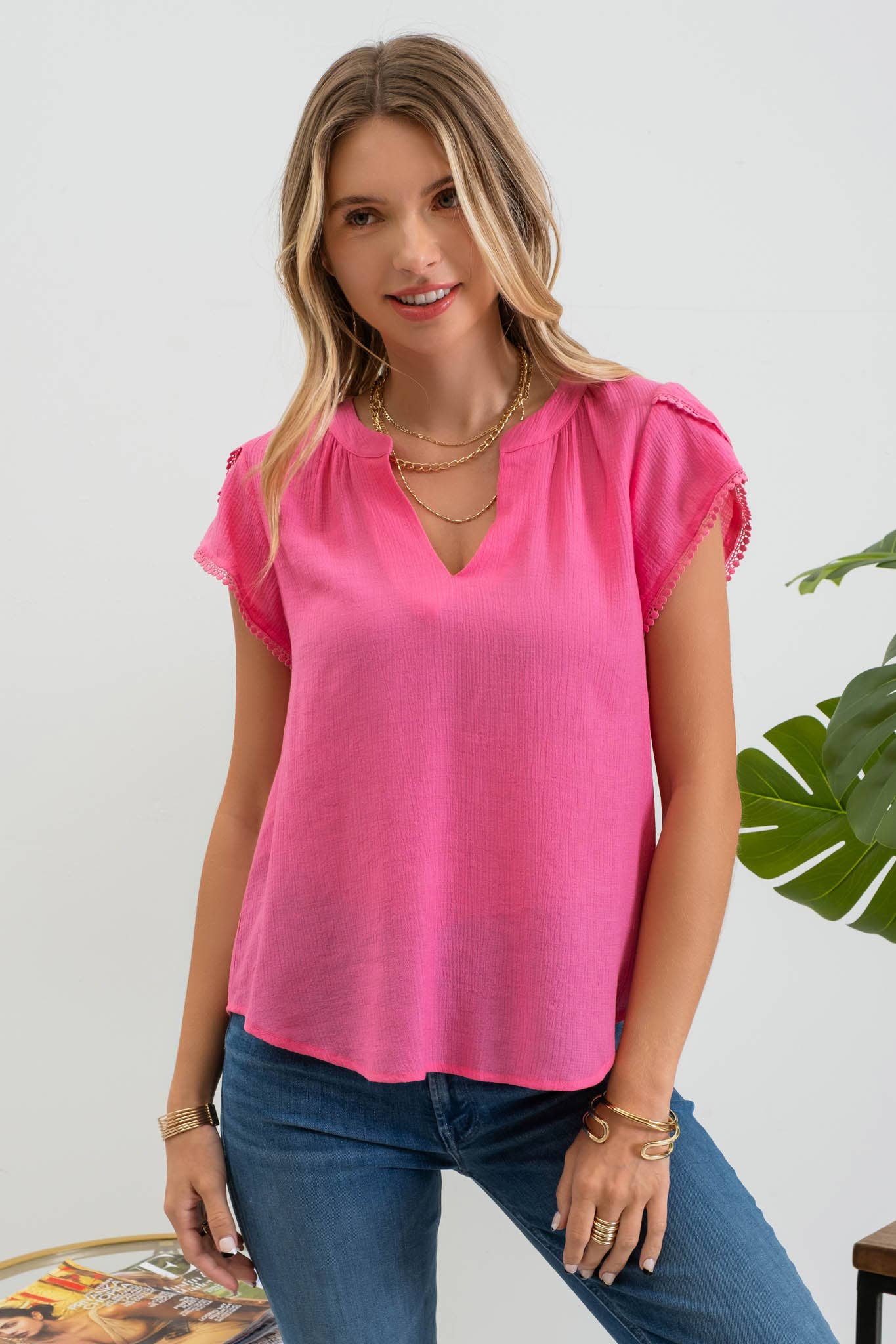 HOT PINK SPLIT NECK PETAL SLEEVE BLOUSE