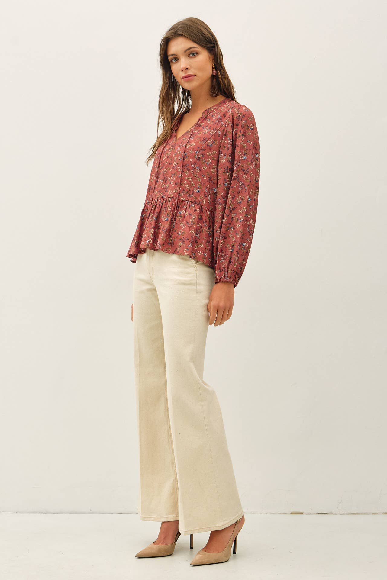 FLORAL PRINT V-NECK CHIFFON BLOUSE TOP