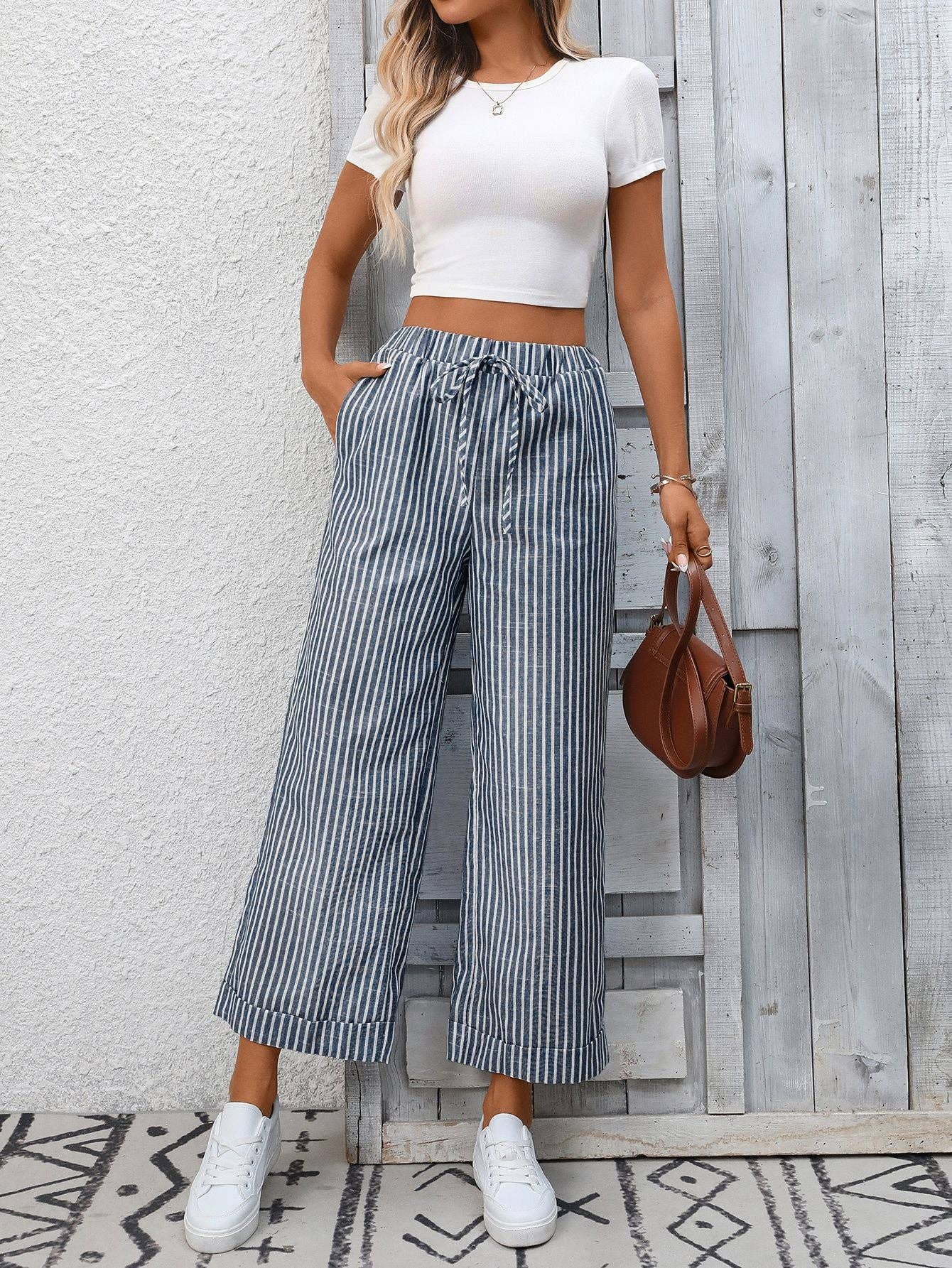 Navy Striped Wide Leg Pants