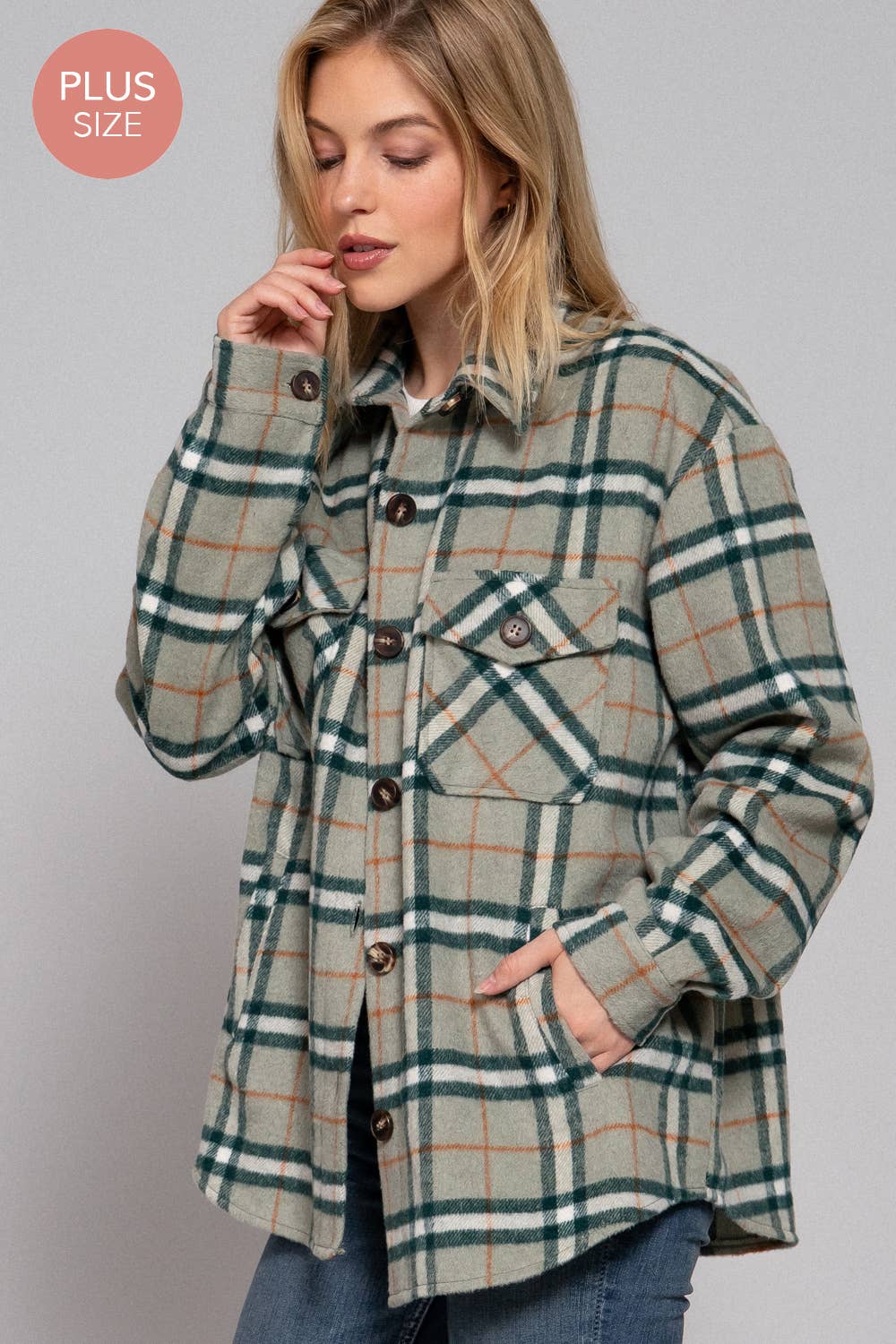 Olive Wool Blend Plaid Button Down Jacket