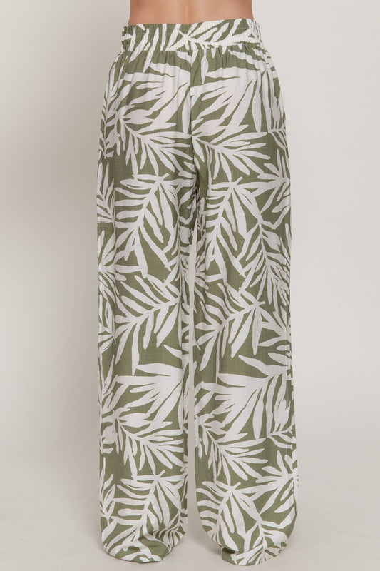 Olive Leaf Elastic Band Pants