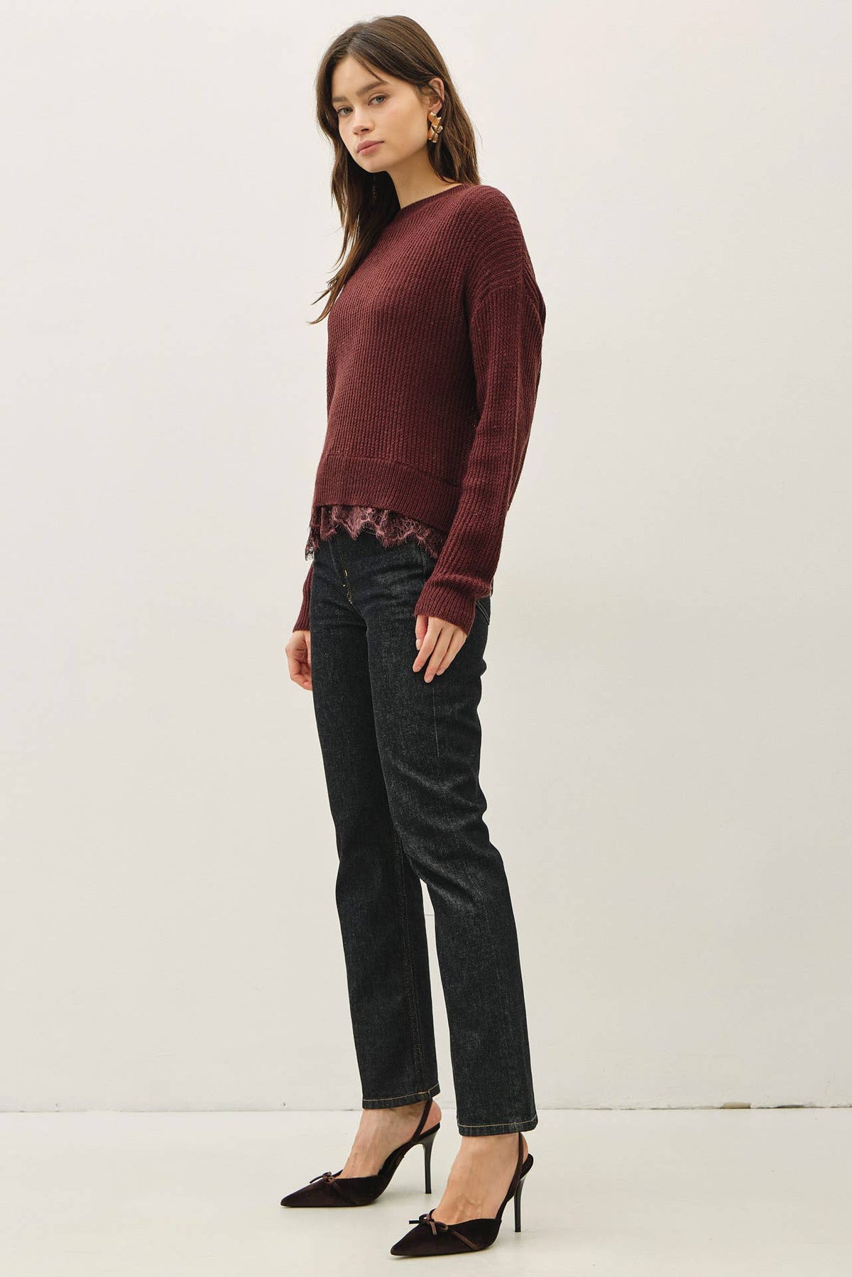 SCALLOPED LACE HEM WOOL BLENDED SWEATER