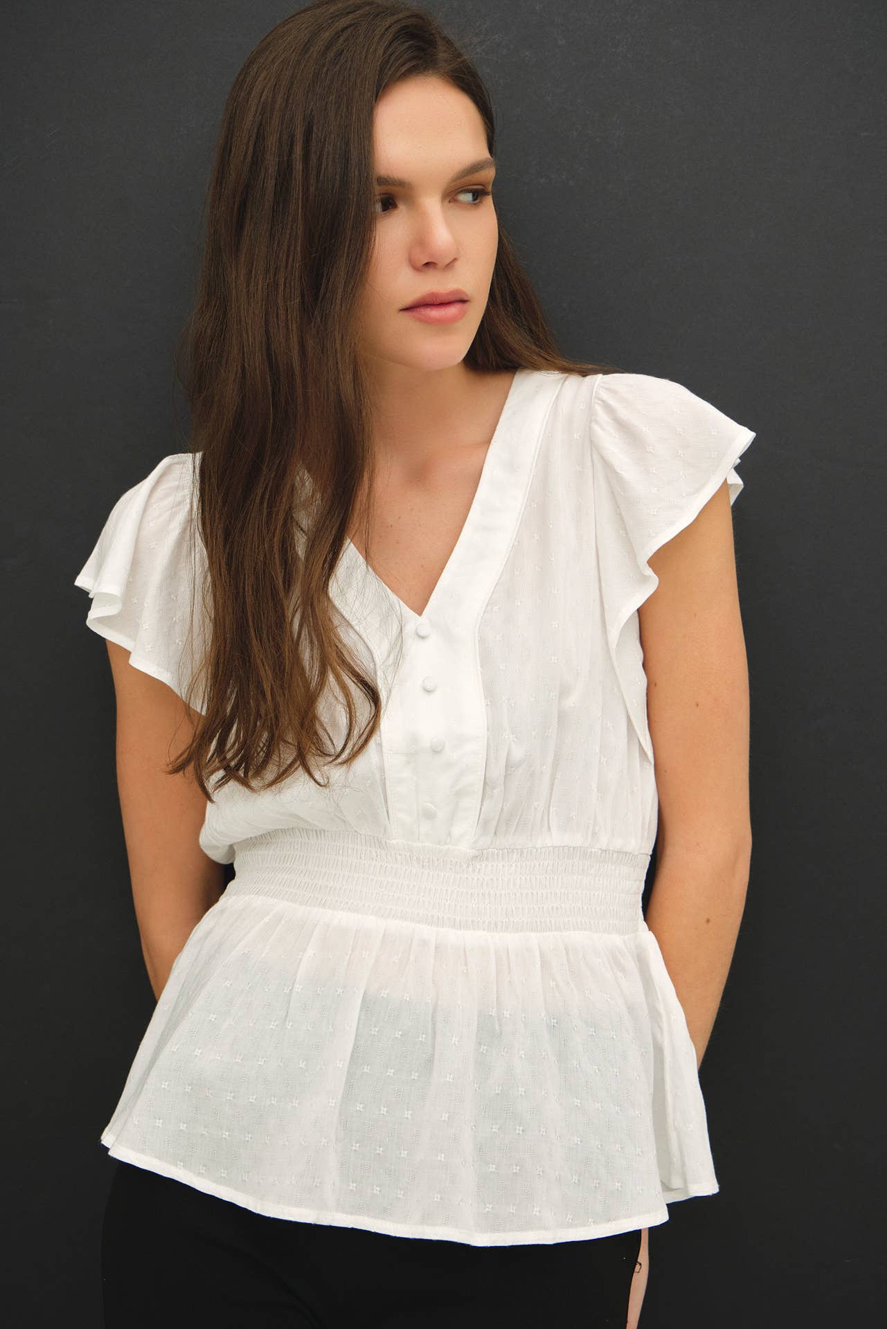 White Smocked Waist Baby Doll Top