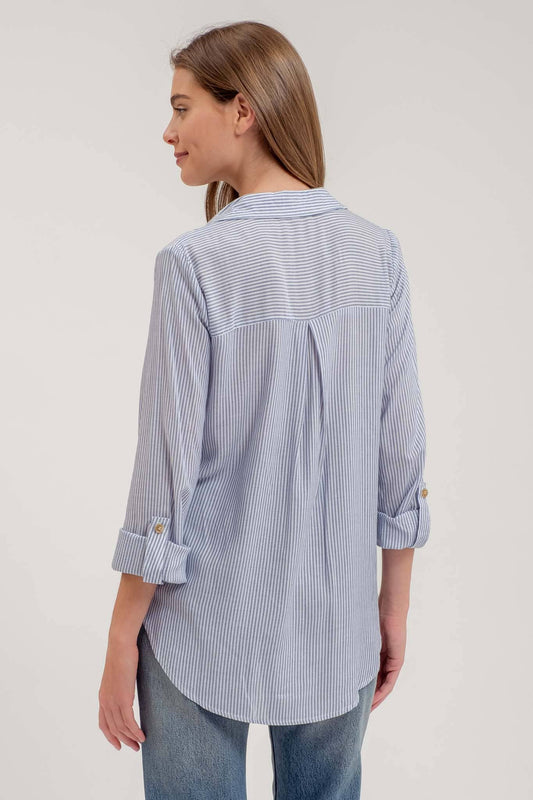 NAVY STRIPED COLLARED BUTTON DOWN WITH POCKETS