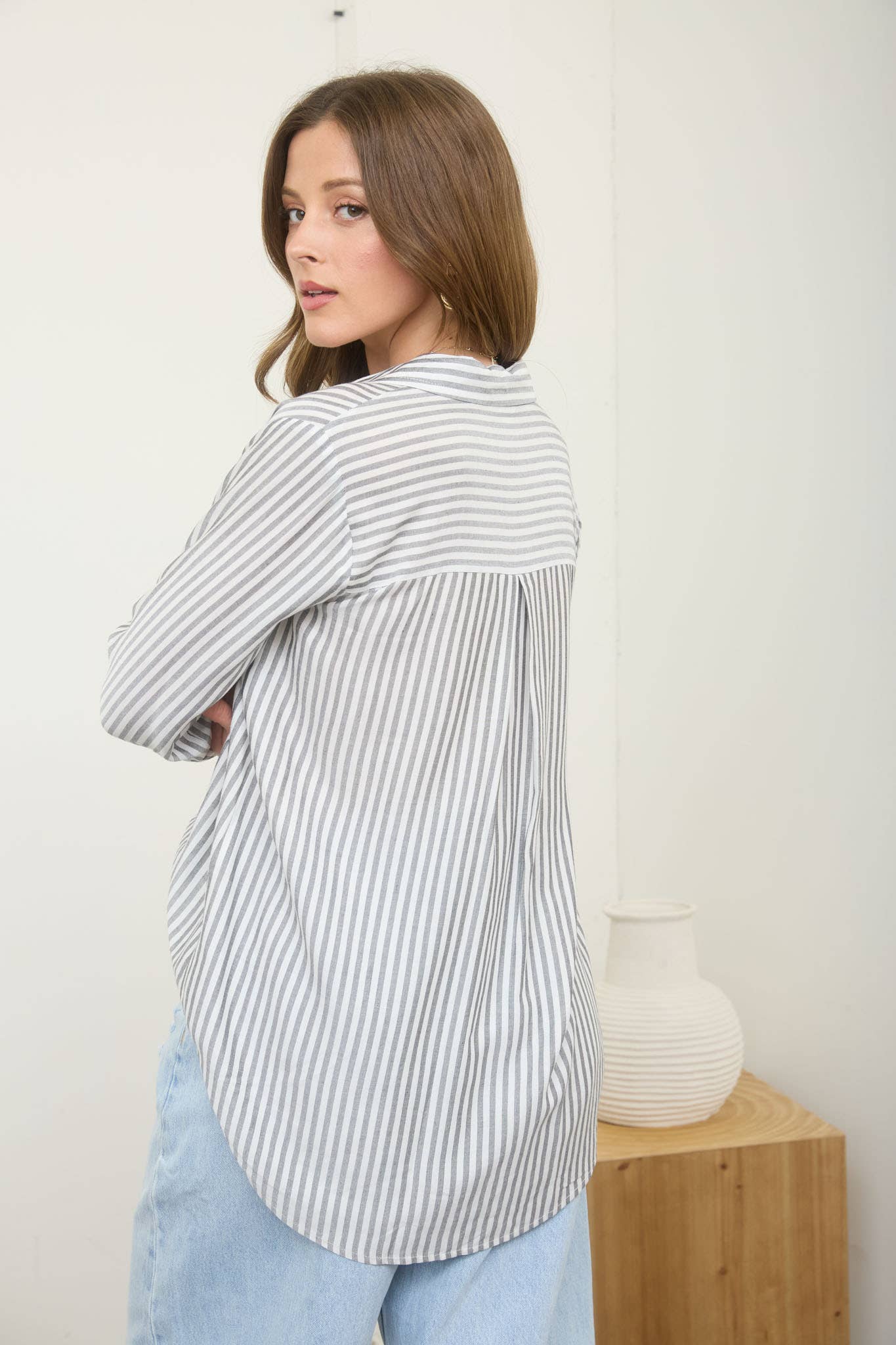 Grey Striped Collared Button Down