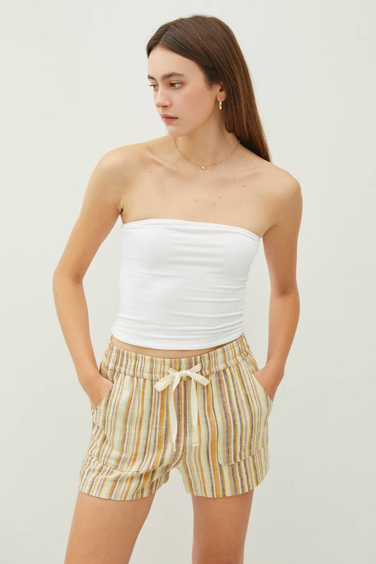 STRIPED ELASTIC DRAWSTRING LINEN SHORTS