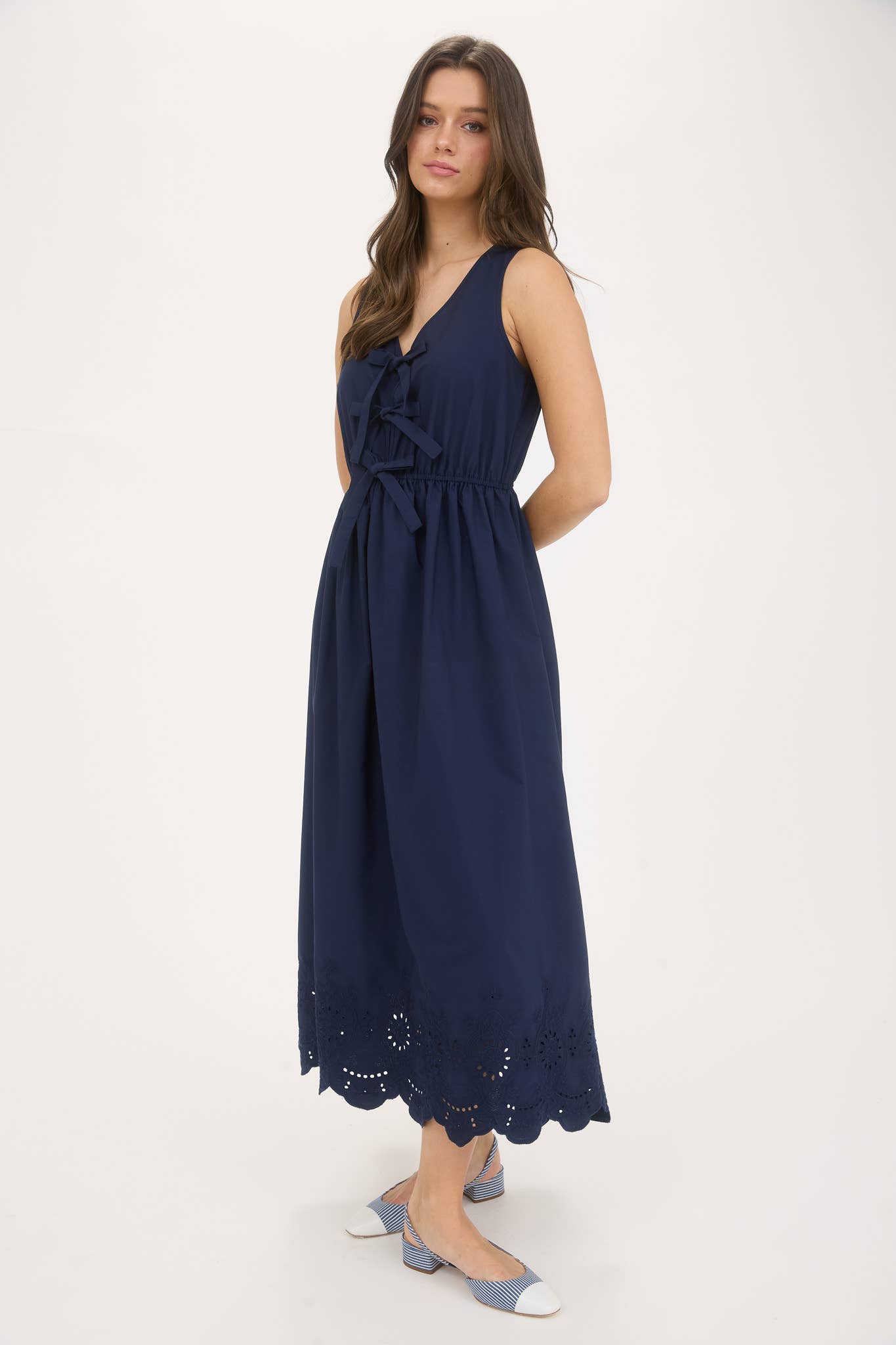Navy Front Bow Tie Eyelet Hem Dress