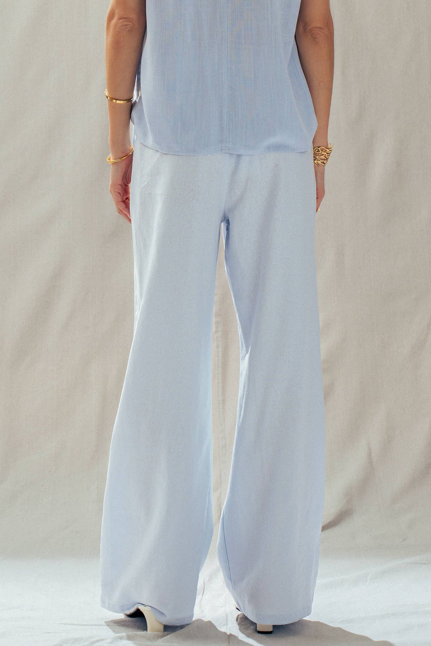 Blue Linen Blend Wide Leg Drawstring Pants