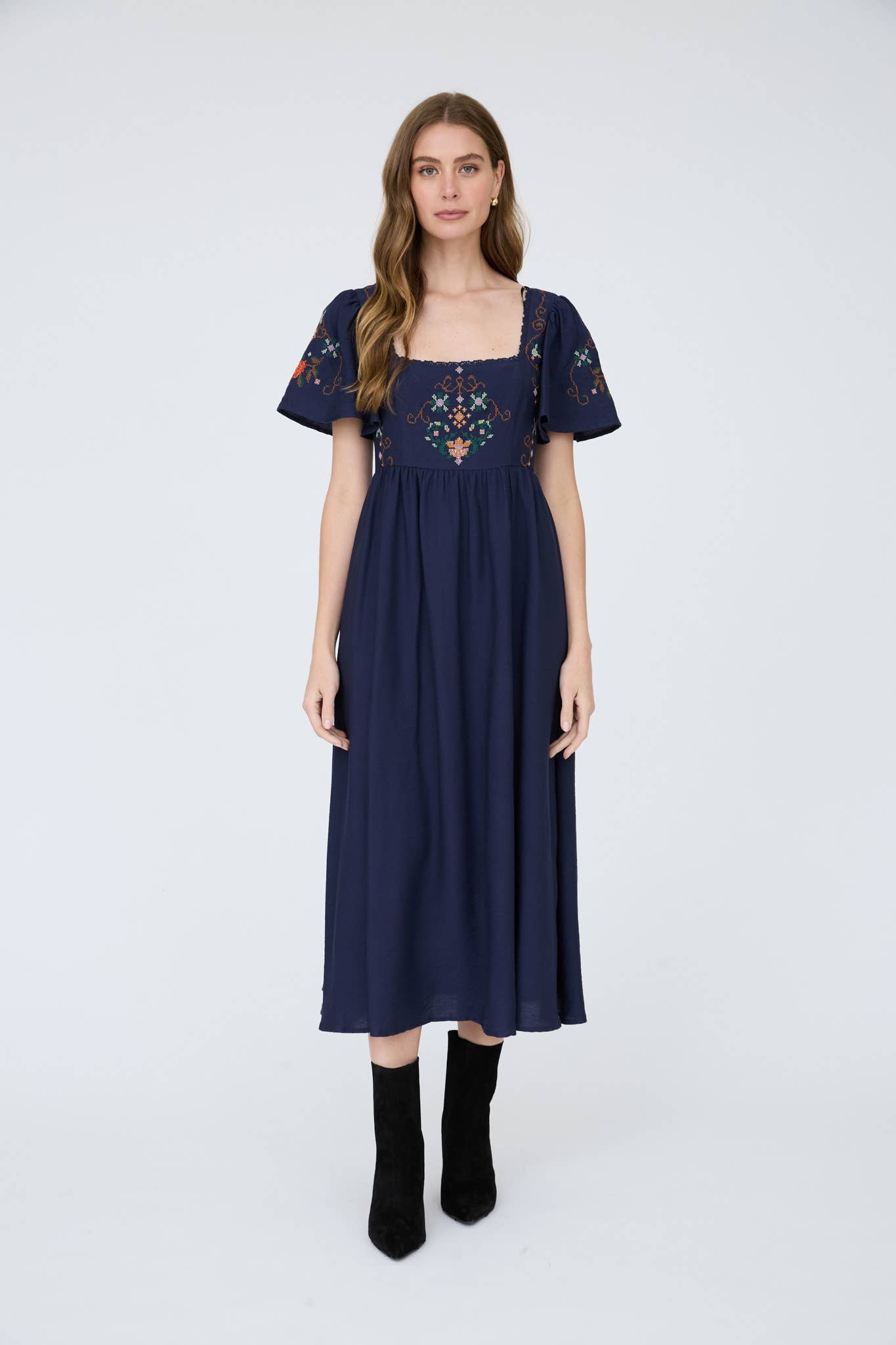 Chocolate Brown Embroidered Bell Sleeve Midi Dress