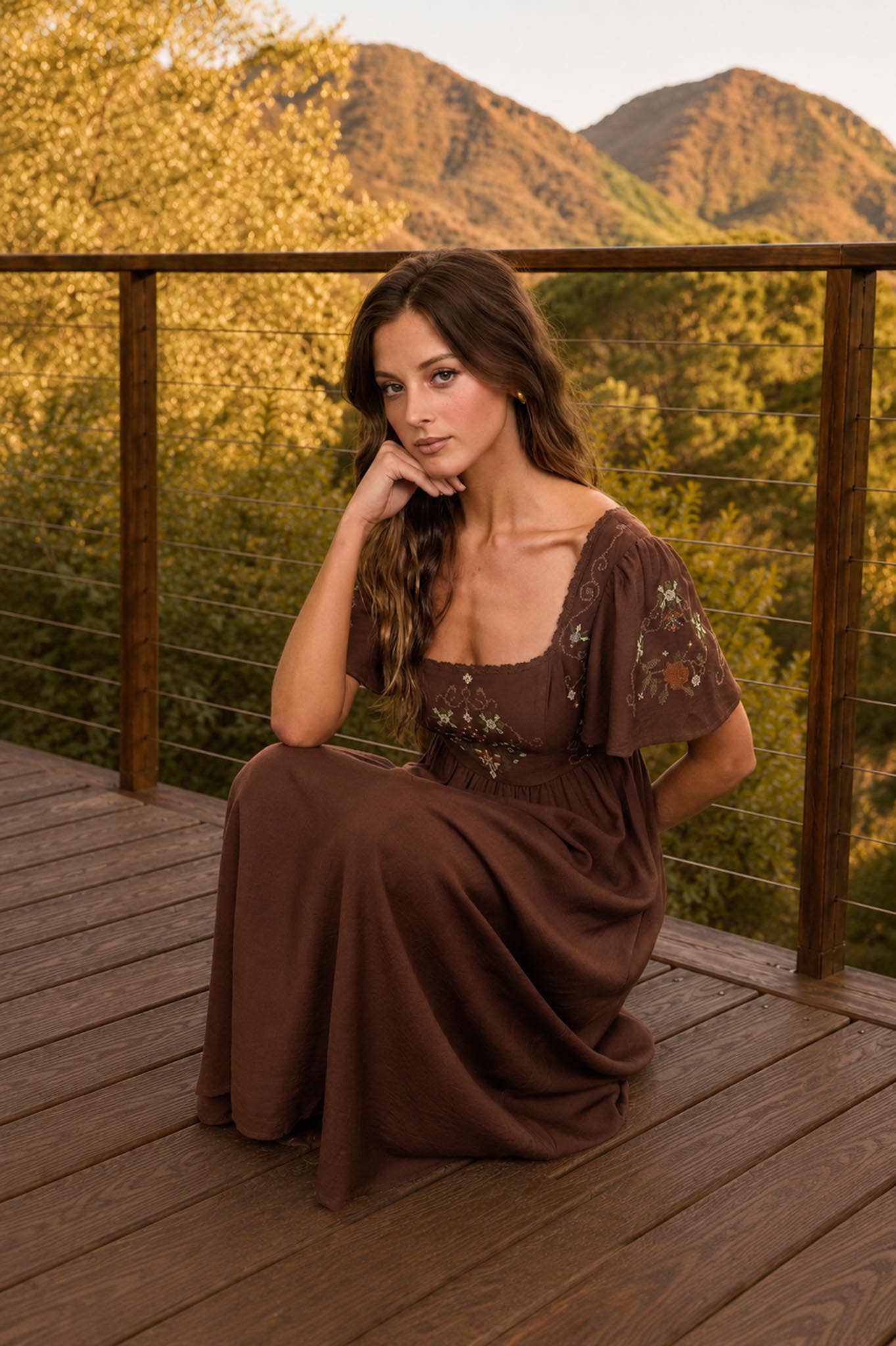 Chocolate Brown Embroidered Bell Sleeve Midi Dress